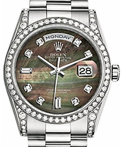 Day-Date 36mm in White Gold with Diamond Bezel on President Bracelet with Black MOP Diamond Dial