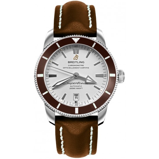 Superocean Heritage II 42mm Automatic in Steel with Bronze Ceramic Bezel on Brown Calfskin Leather Strap with Silver Dial
