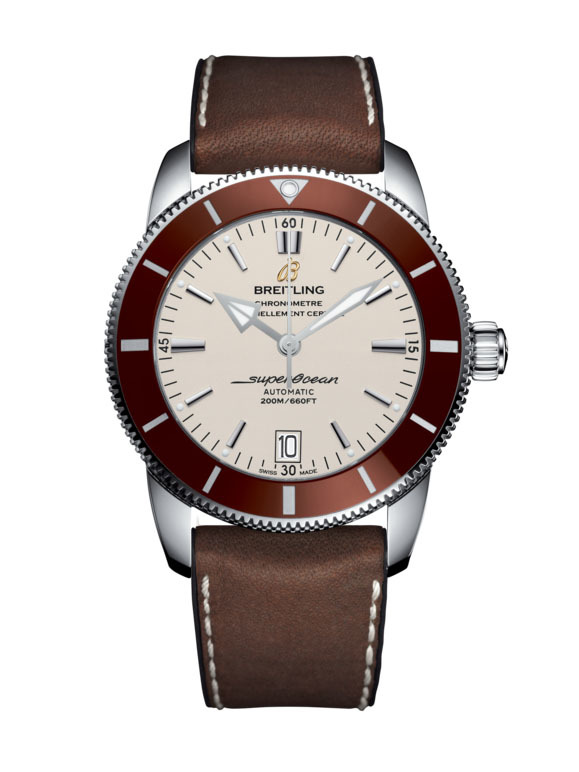 Superocean Heritage II 42mm Automatic in Steel with Bronze Ceramic Bezel on Brown Leather Strap with Silver Dial