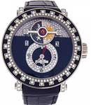 Triple Complications GMT Automatic in White Gold with Dimond Bezel On Black Crocodile Leather Strap with Black Diamond Dial