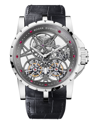 Excalibur Double Tourbillon  45mm in White Gold on Black Alligator Strap with Skeleton Dial