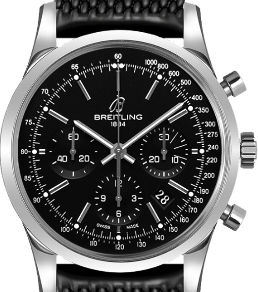 Transocean Chronograph in Steel on Black Aero Classic Rubber Strap with Black Dial