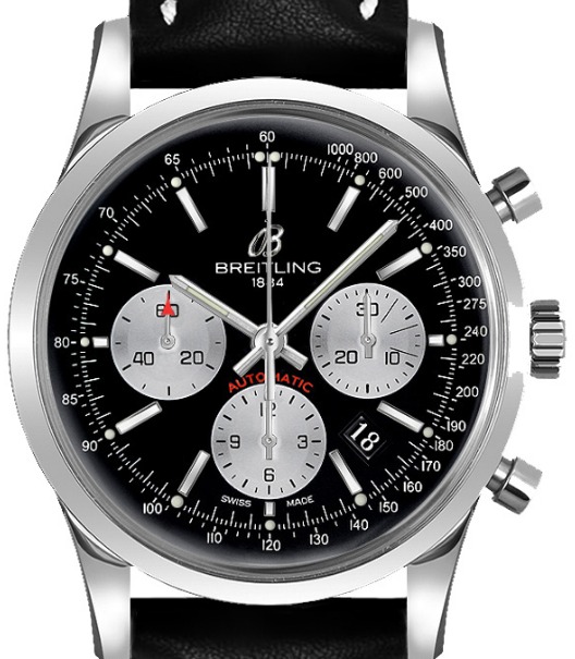 Transocean 01 Chronograph in Steel on Black Calfskin Leather Strap with Black Dial