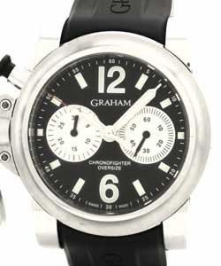 Chronofighter Oversize in Steel on Black Rubber Strap with Black Dial