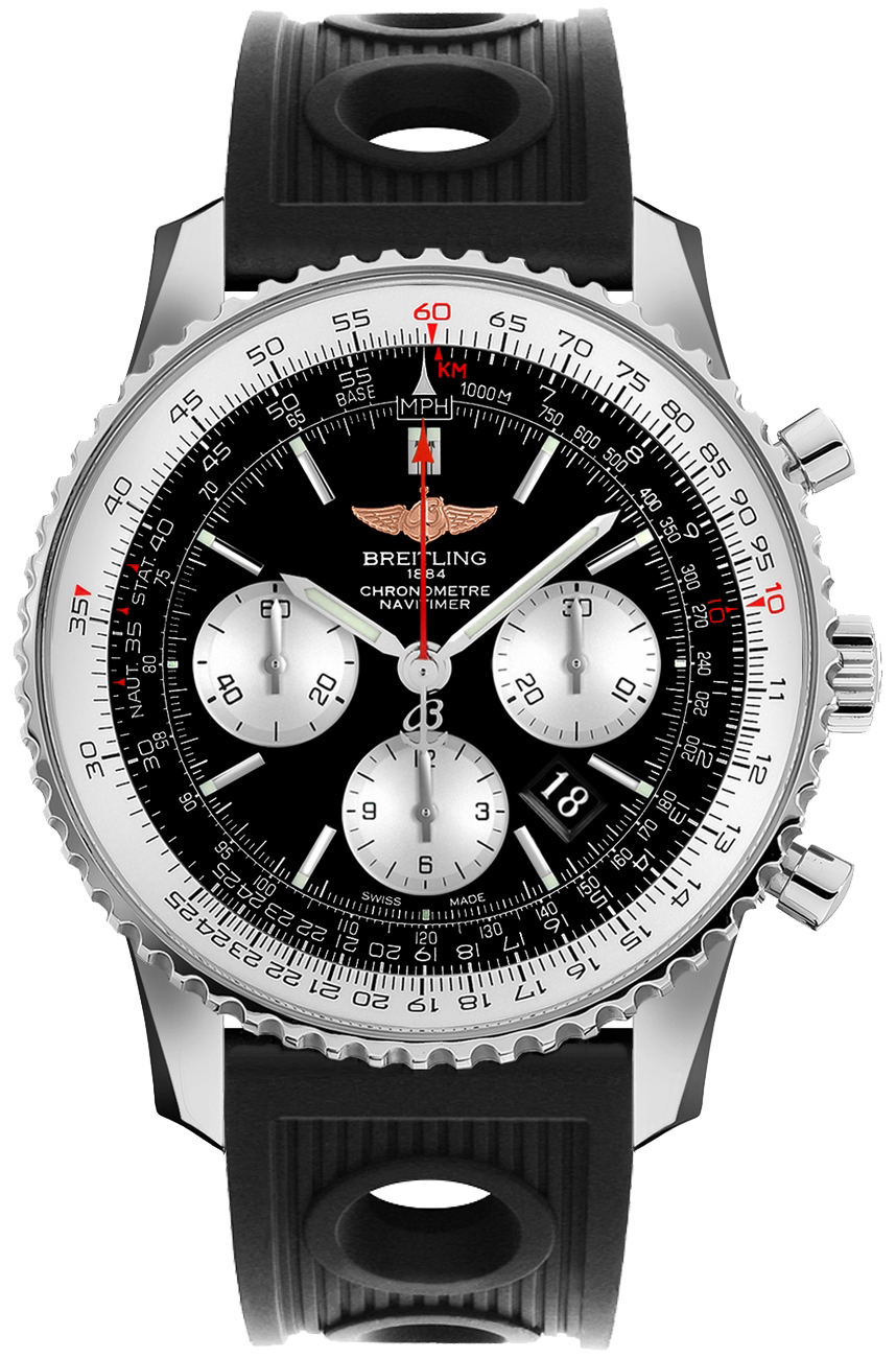 Navitimer 01 Chronograph Automatic in Steel on Black Ocean Racer Rubber Strap with Black Dial -Silver Subdials