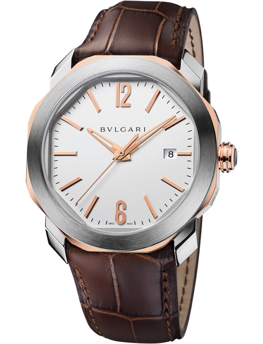 Octo Roma 41mm Automatic in Steel and Rose Gold On Brown Crocodile Strap with Silver Dial - Gold Hour Markers