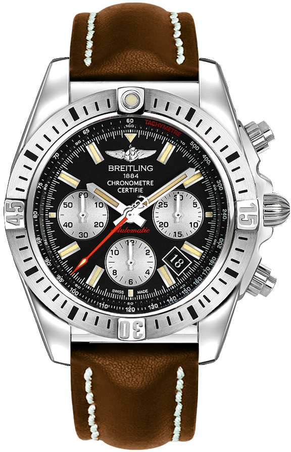 Chronomat 44 Airborne in Steel on Brown Calfskin Leather Strap with Black Dial - Silver Subdials
