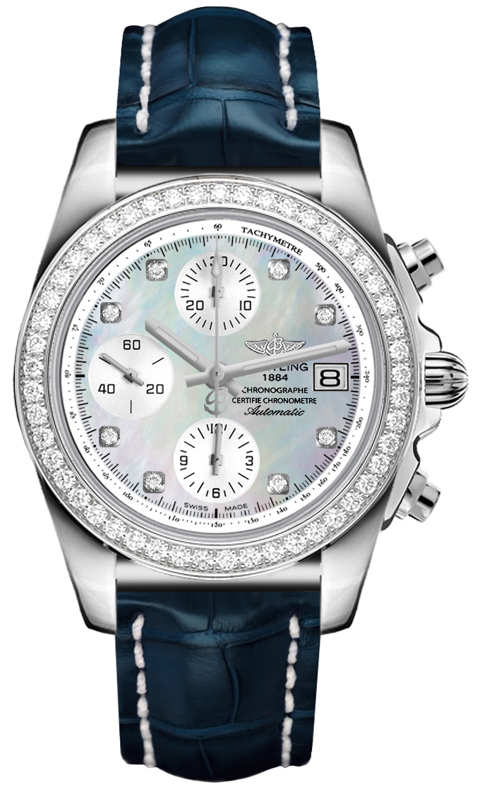 Chronomat Chronograph in Steel with Diamond Bezel on Blue Alligator Leather Strap with Mother of Pearl Dial
