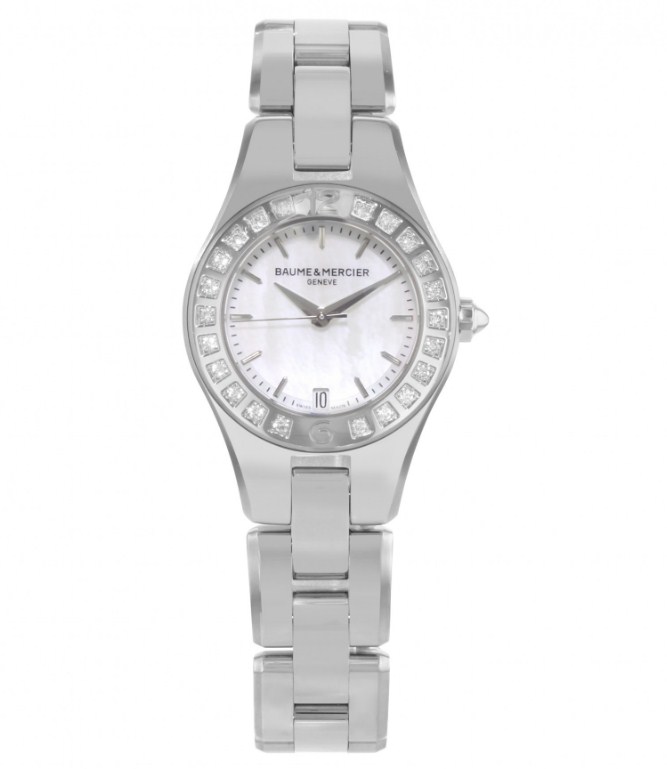 Linea in Steel with Diamond Bezel on Steel Bracelet with White Mother of Pearl Dial
