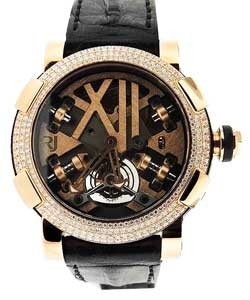 Steampunk Tourbillion in Rose Gold with Diamond Bezel on Black Crocodile Leather Strap with Skeleton Dial