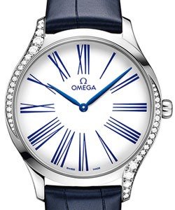 Deville Tresor in Steel with 2 Curving Rows of Diamond On Blue Crocodile Strap with White and Blue Roman Number Dial