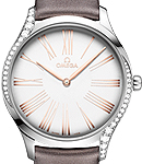 Deville Tresor in Steel with 2 Curving Rows of Diamonds On Grey Satin Strap with Silver and Roman Gold Dial