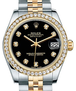 Datejust 31mm in Steel with Yellow Gold Diamond Bezel on 2-Tone Jubilee Bracelet with Black Diamond Dial