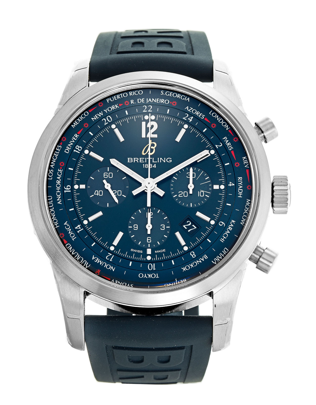 Transocean Chronograph in Steel On Blue Diver Pro III Rubber Strap with Blue Dial