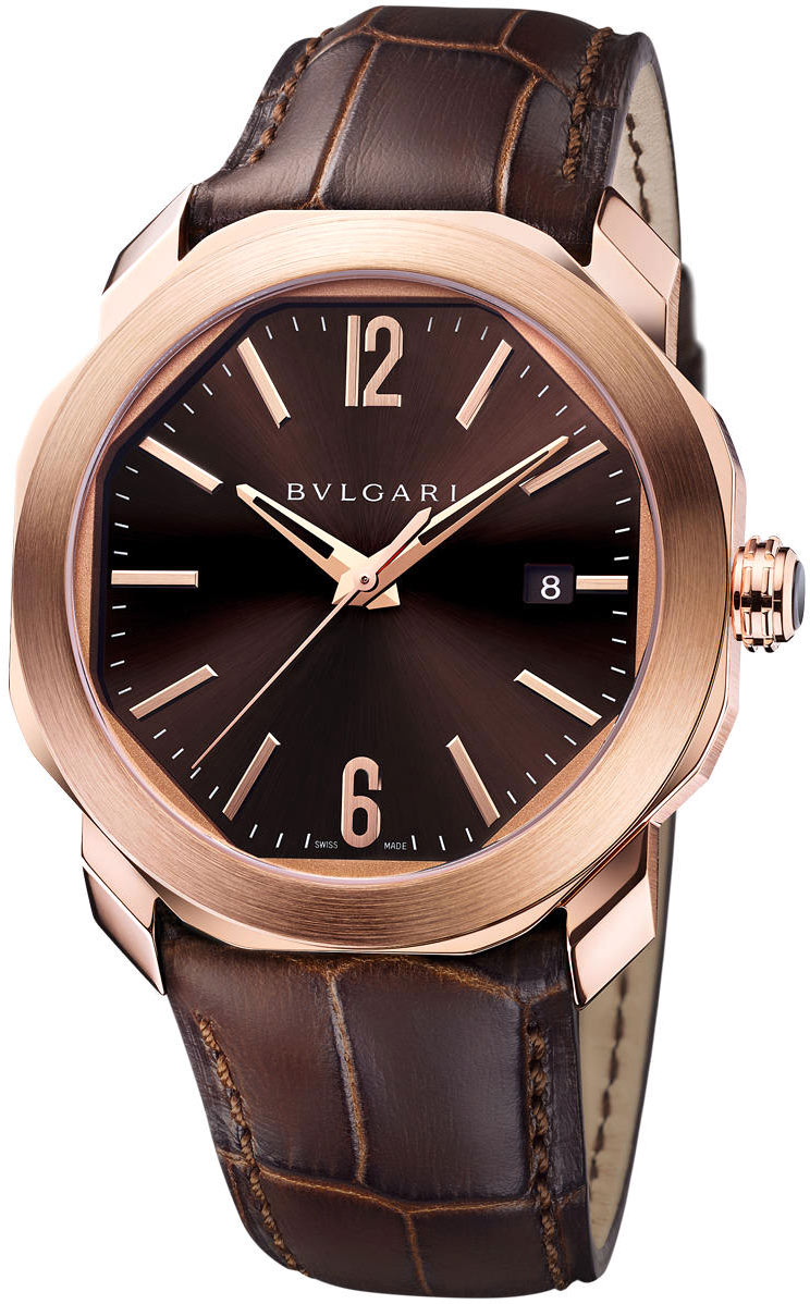 Octo Roma 41mm Automatic in Rose Gold on Brown Crocodile Leather Strap with Brown Dial