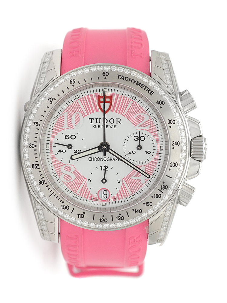Diamond Chronograph in Steel with Diamond Bezel & Lugs on Pink/Fuschia Rubber Strap with White and Pink Dial