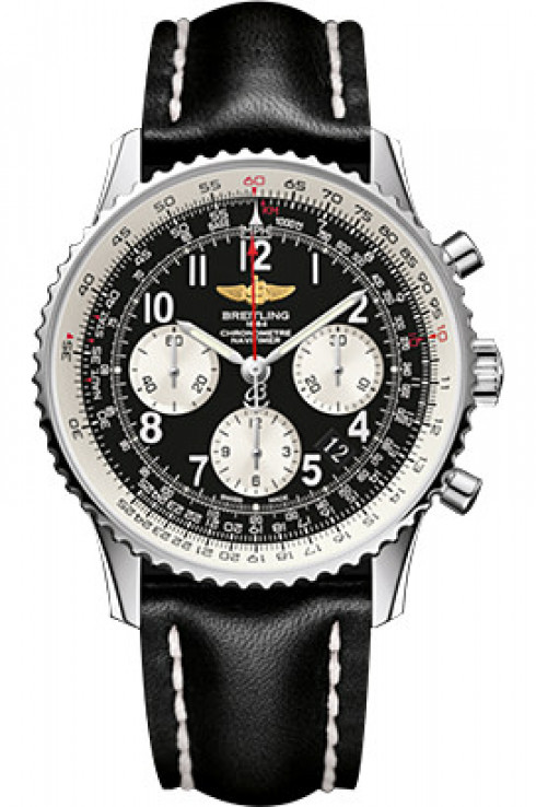 Navitimer 01 Chronograph in Steel On Black Calfskin Leather Strap with Black Dial- Silver Subdials
