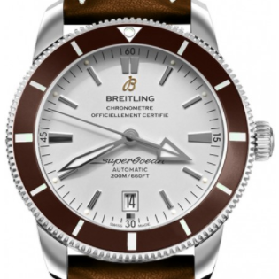 Superocean Heritage II 46mm in Steel with Bronze Ceramic Bezel on Brown Calfskin Leather Strap with Silver Dial