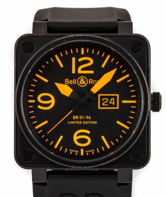 BR01-96 Grand Date in Steel with Black PVD on Black Rubber Strap with Black Orange Dial