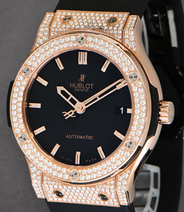 Classic Fusion 45mm Autoamtic in Rose Gold with Diamond Bezel and Lugs on Black Rubber Strap with Black Dial
