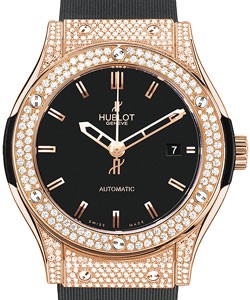 Classic Fusion 45mm Autoamtic in Rose Gold with Diamond Bezel and Lugs on Black Rubber Strap with Black Dial