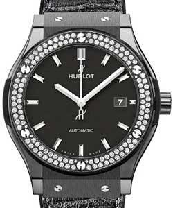 Classic Fusion 42mm Black Magic in Black Ceramic with Diamond Bezel On Black Crocodile Leather Strap with Black Dial