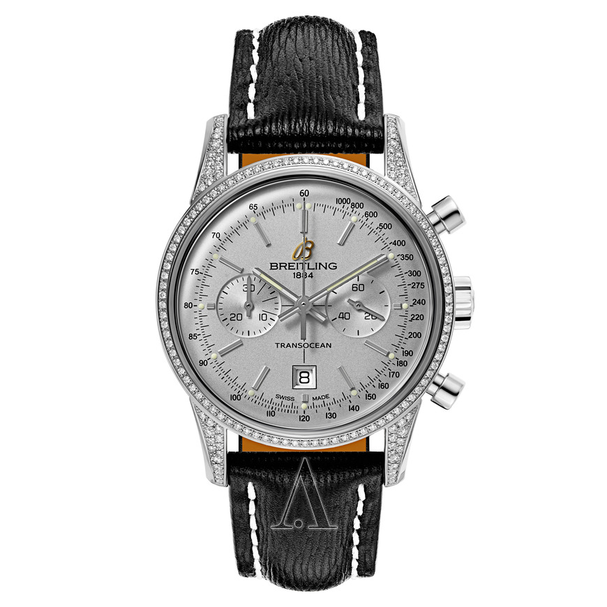 Transocean Chronograph 38mm in Steel with Diamond Bezel on Black Sahara Calfskin Leather Strap with Silver Dial