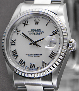 Datejust 36mm in Steel with Engine Bezel on Oyster Bracelet with White Roman Dial