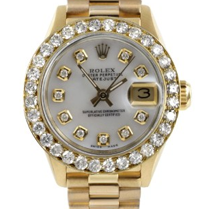 Datejust Ladies President in Yellow Gold with Diamond Bezel on President Bracelet with White MOP Diamond Dial