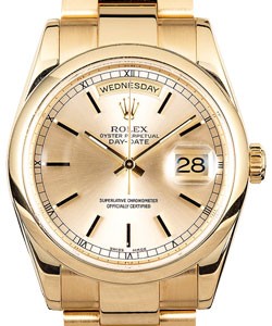 Day Date President 36mm in Yellow Gold  on Oyster Bracelet with Champagne Index Dial