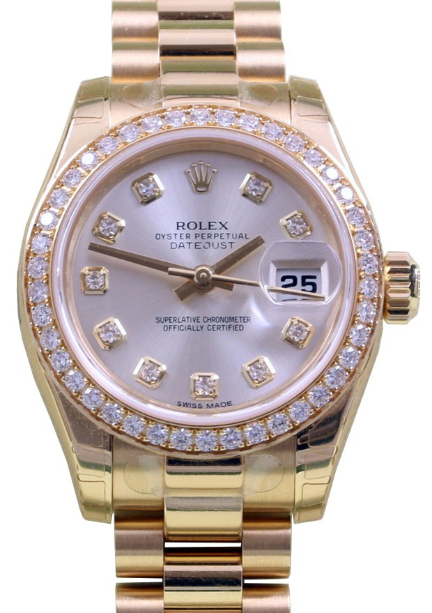 Datejust Ladies President in Yellow Gold with Diamond Bezel on President Bracelet with Silver Diamond Dial