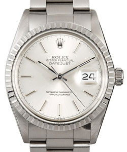 Datejust 36mm in Steel with White Gold Engine Turned Bezel on Oyster Bracelet with Silver Index Dial
