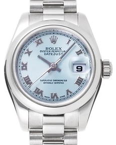 Lady's President 26mm in Platinum with Domed Bezel on Bracelet with Ice Blue Roman Dial