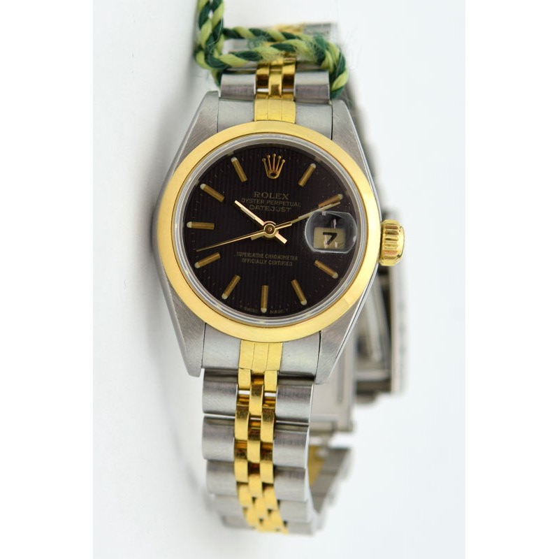 Datejust Ladies in Steel with Yellow Gold Smooth Bezel on Steel and Yellow Gold Jubilee Bracelet with Black Stick Dial