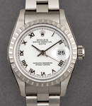 Ladies Date 26mm in Steel with Engine Turn Bezel on Oyster Bracelet with White Roman Dial