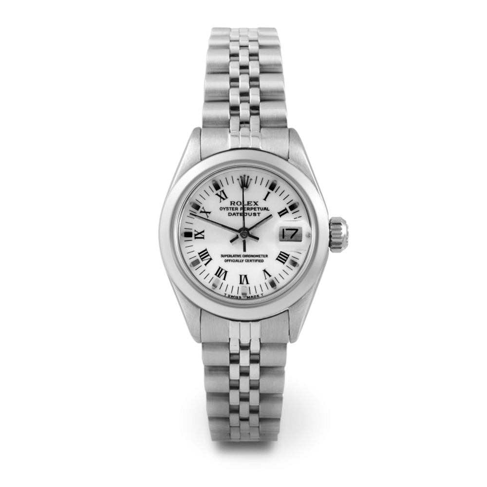 Datejust Ladys in Steel with White Gold Smooth Bezel on Steel Jubilee Bracelet with White Roman Dial