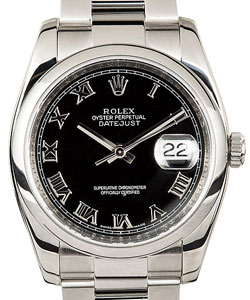 Datejust 36mm in Steel with Smooth Bezel on Oyster Bracelet with Black Roman Dial