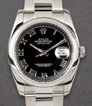 Datejust 36mm in Steel with Smooth Bezel on Oyster Bracelet with Black Roman Dial