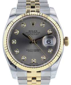 Datejust 36mm in Steel with Yellow Gold Fluted Bezel on Jubilee Bracelet with Rhodium Diamond Dial