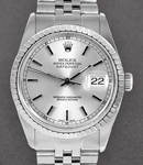 Datejust 36mm with White Gold Engine Turn Bezel on Jubilee Bracelet with Silver Stick Dial