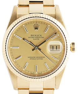 Date 34mm in Yellow Gold with Fluted Bezel on Oyster Bracelet with Champagne Index Dial