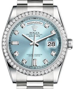 President Day Date 36mm in Platinum with Diamond Bezel on President Bracelet with Ice Blue Diamond Dial