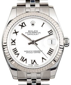 Datejust - 31mm in Steel with White Gold Fluted Bezel on Jubilee Bracelet with White Roman Dial