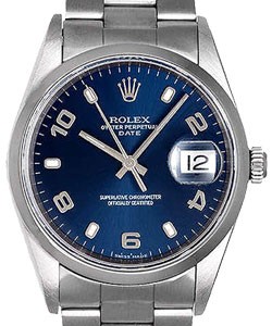 Date Oyster Perpetual 34mm in Steel with Domed Bezel on Oyster Bracelet with Blue Arabic Dial