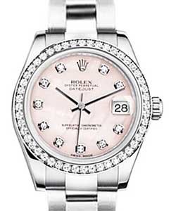 Datejust 31mm in Steel with Diamonds Bezel on Oyster Bracelet with Pink MOP Diamond Dial