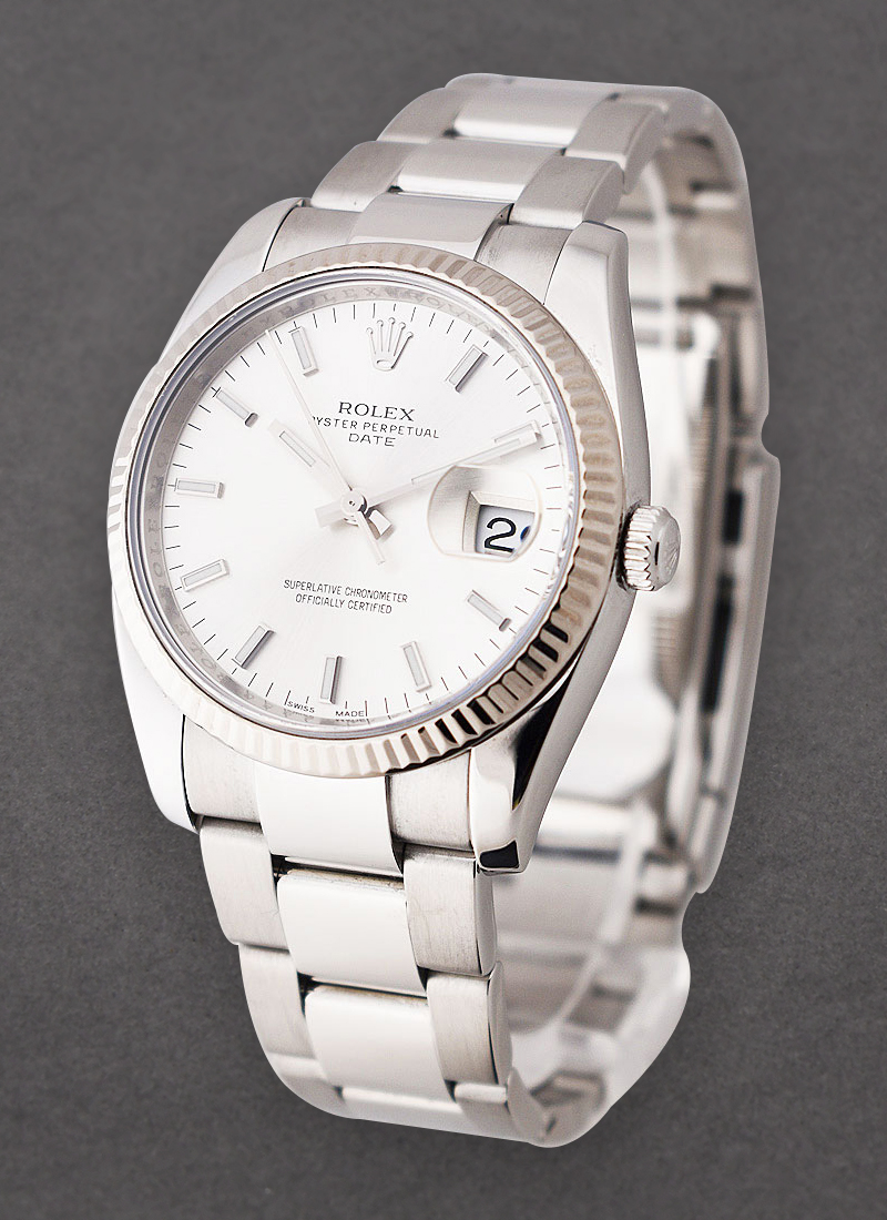 Pre-Owned Rolex Date 34mm in Steel with White Gold Fluted Bezel