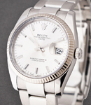 Date 34mm in Steel with White Gold Fluted Bezel on Oyster Bracelet with Silver Index Dial