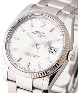 Date 34mm in Steel with White Gold Fluted Bezel on Oyster Bracelet with Silver Index Dial