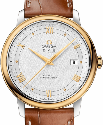 DeVille Prestige in Steel with Yellow Gold Bezel On Brown Crocodile Leather Strap with White Opaline Silvery Dial