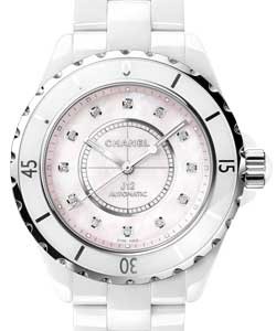 J12 38mm in White Ceramic and Steel on White Ceramic Bracelet with Pink MOP Diamond dial